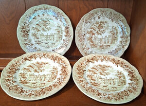 J&G Meakin Romantic England Green Brown 7" Dessert Plates Set of 4 Penshurst